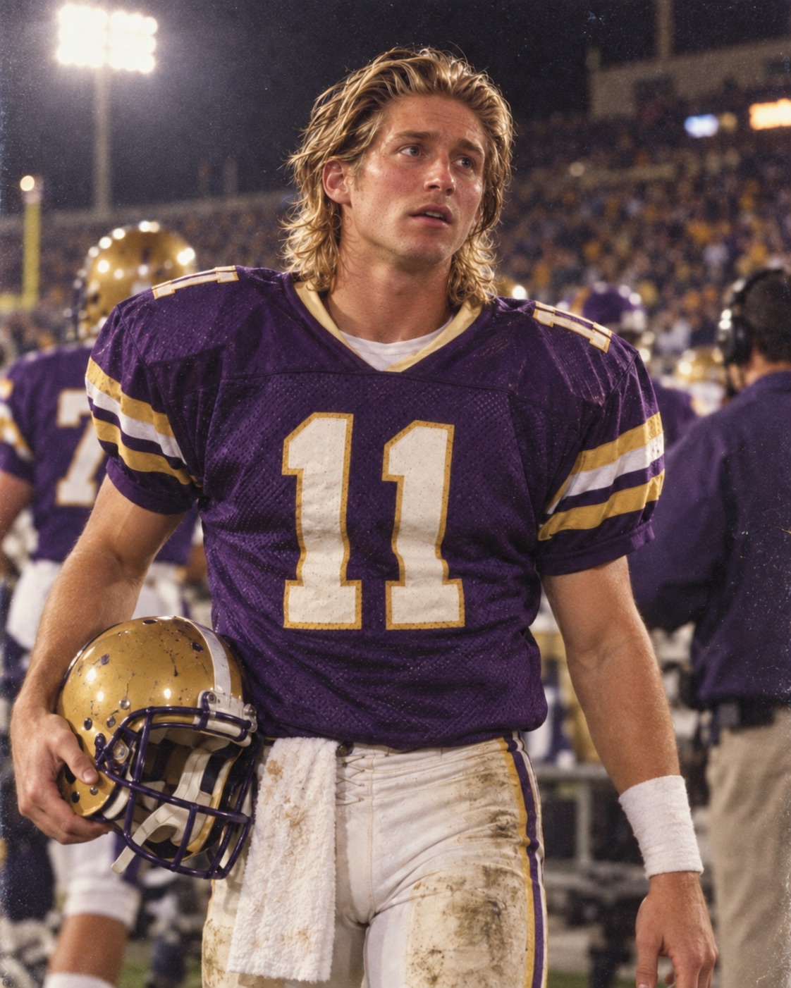 McDonald in a purple and gold number 11 college jersey on the sideline