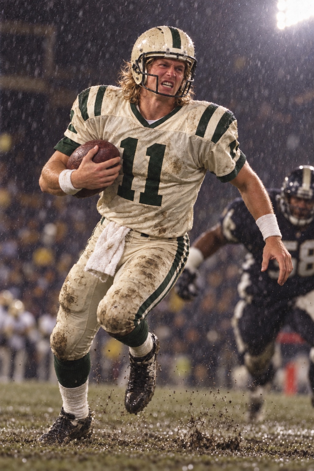 McDonald running with the football in a cream and green number 11 professional jersey